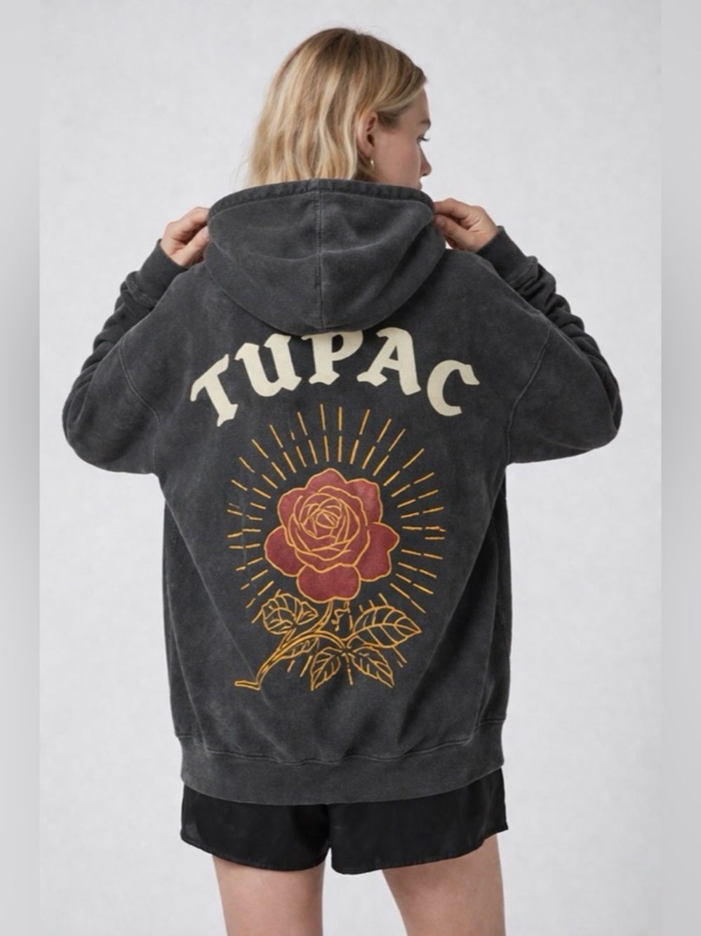2Pac Tupac Rose Graphic Oversized Unisex Zip Hoodie Washed Black Streetwear Sz L - Picture 6 of 10
